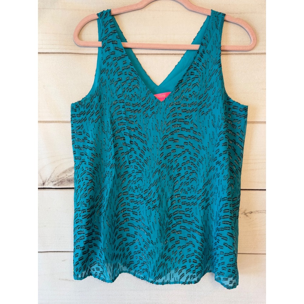 Lilly Pulitzer Womens Teal Blue Metallic Silk Blend V-Neck Tank Top Blouse S